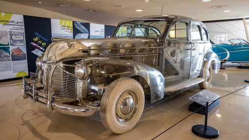 Transparent body of the 1939 Pontiac Plexiglass Deluxe Six displayed at the National Museum of Qatar gallery space