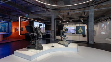A replica of the Al Jazeera studios at the Experience Al Jazeera exhibition in the Fire Station