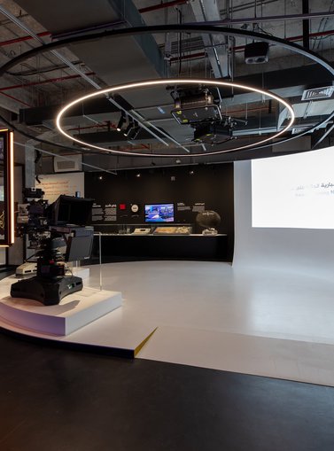 Image of Al Jazeera studios replica at the Experience Al Jazeera exhibition in the Fire Station