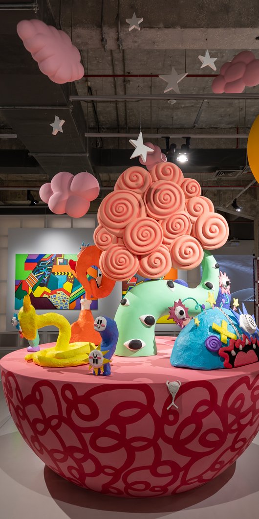 An installation that depicts several colourful monsters.