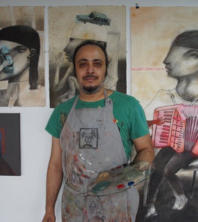 Artist Hassan Manasrah in his studio in 2019.
