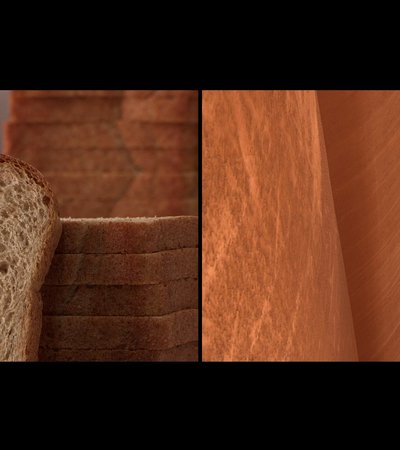 A picture of two screenshots, one of a stack of bread and the other is a bird's eye view of a flour mill factory