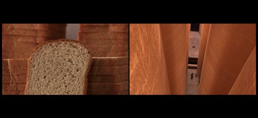 A picture of two screenshots, one of a stack of bread and the other is a bird's eye view of a flour mill factory