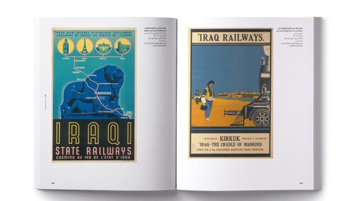 Two pages of a book showing vintage posters of Iraq railways