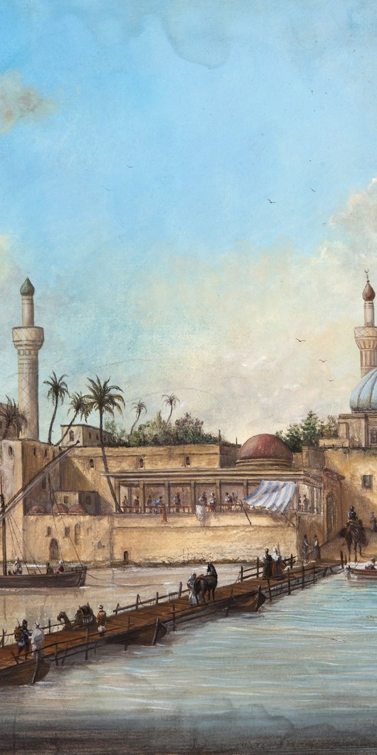 Painting of a coast in Baghdad, with a mosque and several boats in the background