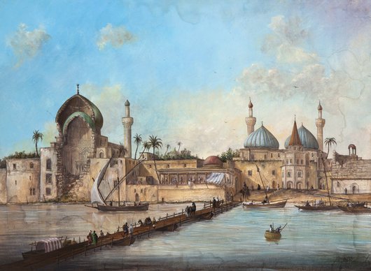 Painting of a coast in Baghdad, with a mosque and several boats in the background