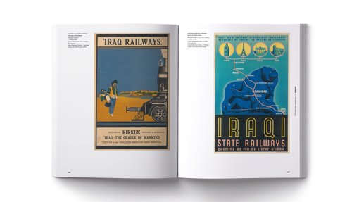 Two pages of a book showing vintage posters of Iraq railways