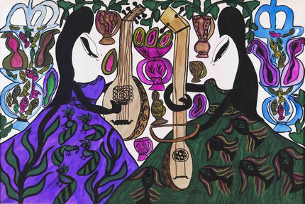 Les deux musiciennes, 1966 Gouache and graphite on paper at Mathaf showcases Baya Mahieddine's abstract painting.