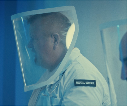 Man in white lab coat and white futuristic oxygen mask