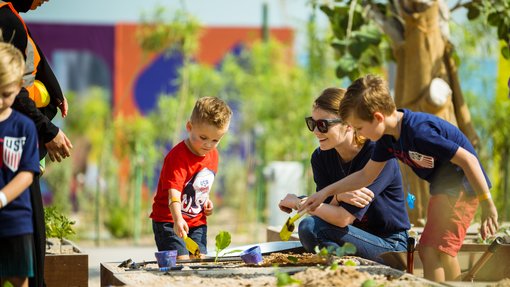 A picture of a mother and her two boys planting in a garden