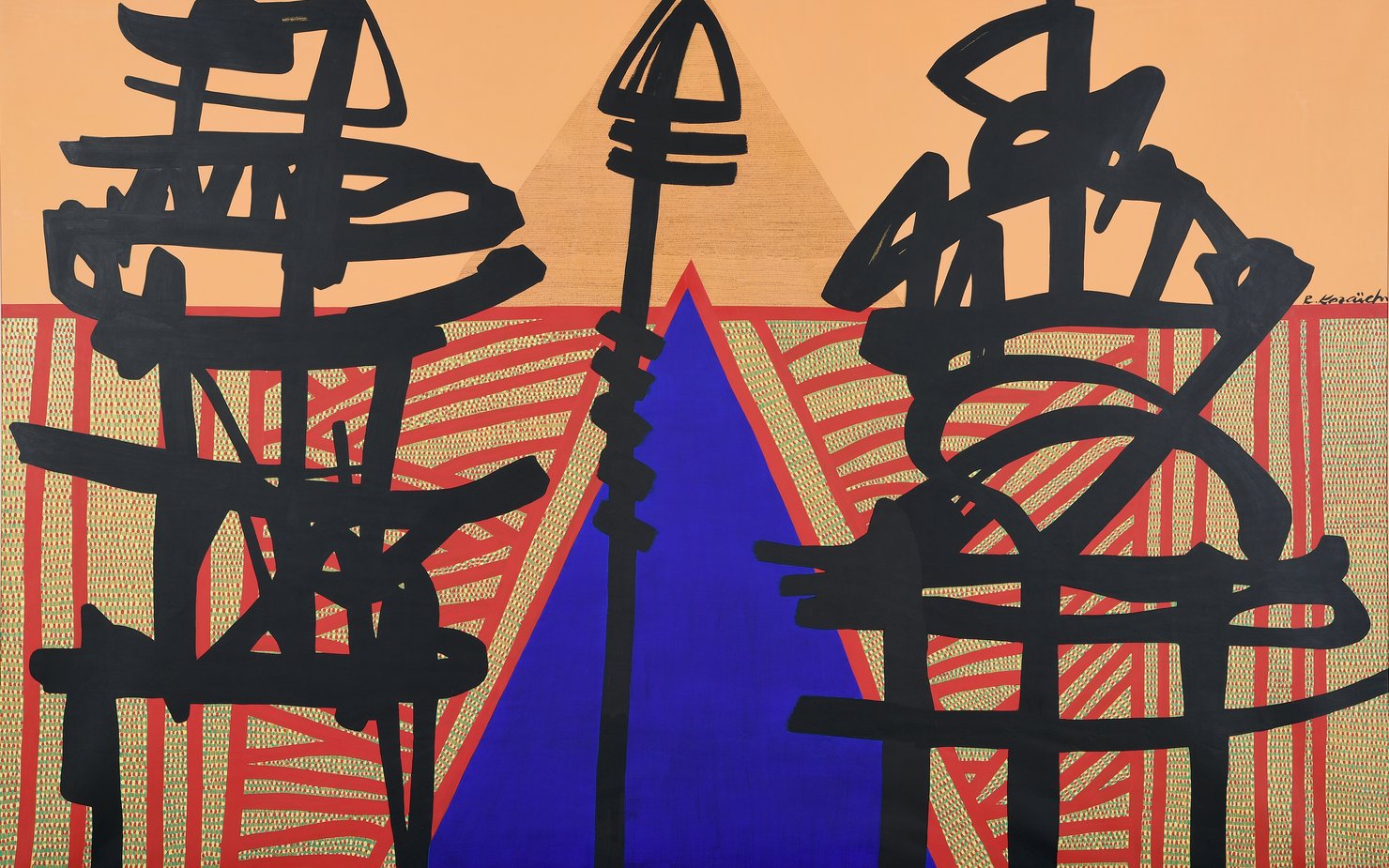 Abstract drawing with a blue triangle in the middle and prominent red and black line drawings on top.