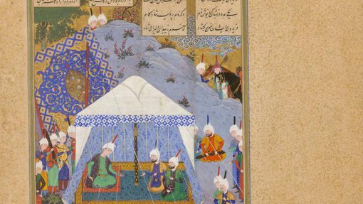 Picture of “Faridun orders the Ox-Head Mace” of the Shahnameh of Shah Tahmasp at the Museum of Islamic Art.