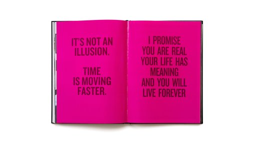 Two page bright pink spread of the Forever Valentino exhibition catalogue with the text "It's not an illusion. Time is moving faster."