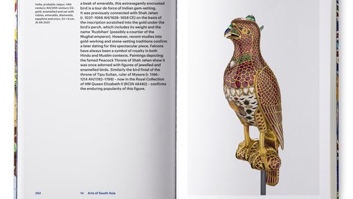 Two open pages of a book showing a falcon finial