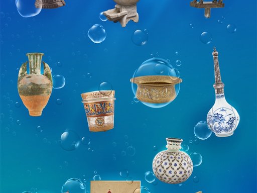 image of artworks floating on a background of blue water