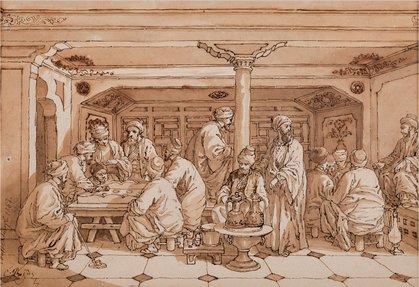 Line drawing of a group of men socializing in a cafe