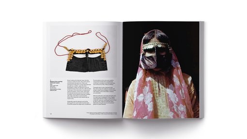 Two pages of a book showing a woman wearing a batoolah, a traditional fashion mask with gold detailing worn by women in the Gulf
