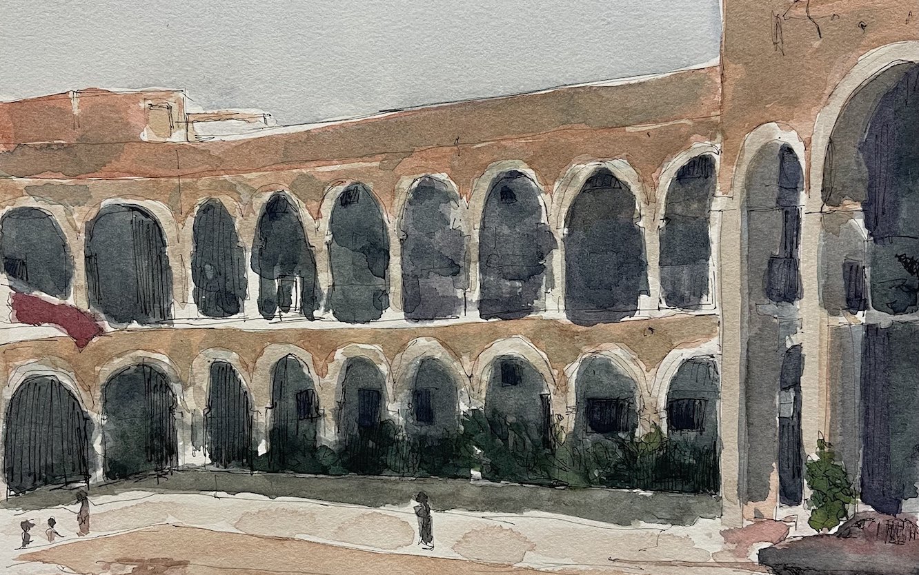 Watercolour painting of Qatar Preparatory School depicting an arcade columns adjacent to a courtyard