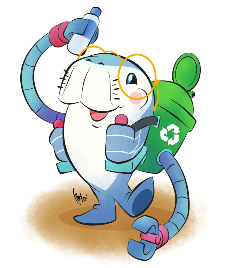 A dugong in glasses picking up trash with its clutch connected to a recycling backpack