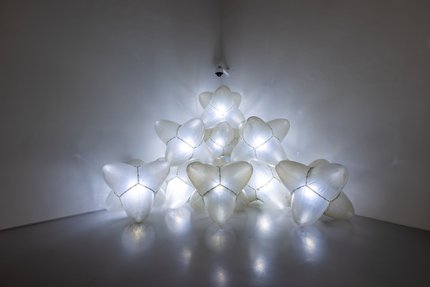 An installation of white lights in 3D star contraptions against a white wall.