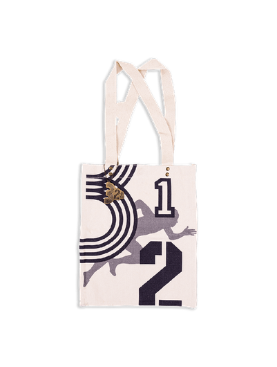 A white tote bag with a picture of a man running.