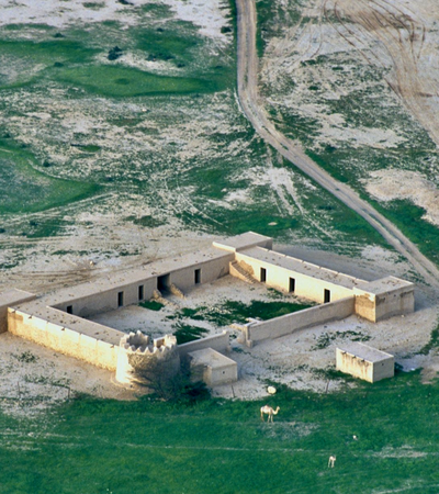 An aerial view of Al Rakayat fort set in a landscape with green vegetation and with two camels outside the walls