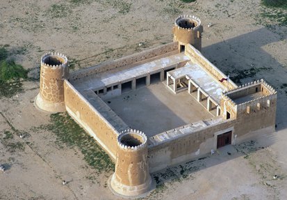 An aerial view of the fortifying walls and towers of the Al Zubarah Fort
