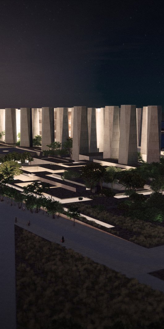 A digital render of columns in Doha's port with the city skyline in the distance.