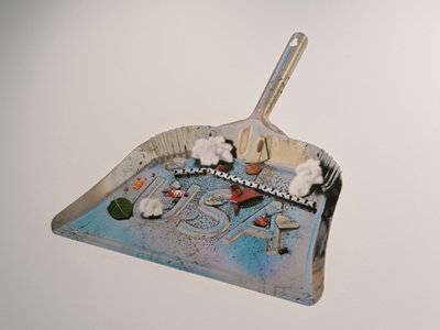 A contemporary artwork depicting a dustpan and rubbish, with 'USA' written on the base.