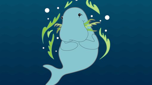 An illustration of a dugong eating seaweed under the sea by Ashwathy Satheesan