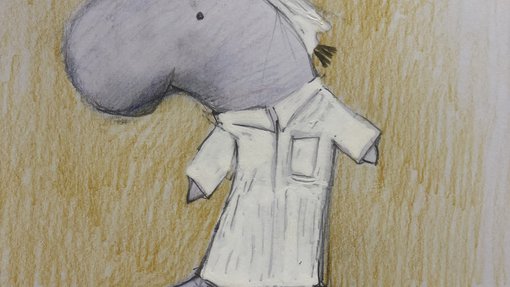 A dugong wearing a thobe illustrated by Asma Al Mannai