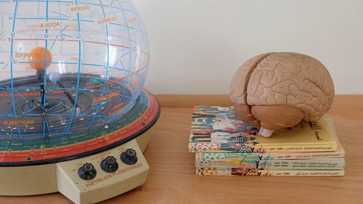 An assortment of old children's toys and books.
