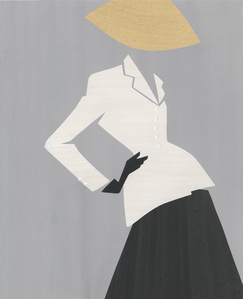 Drawing of a female silhouette dressed in a white fitted jacket, black gloves, a black skirt, a straw-colored hat