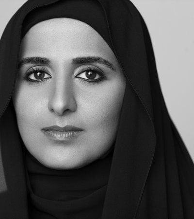 Black and white photo of Qatar Museum's Chairperson, Her Excellency Sheikha Al Mayassa bint Hamad bin Khalifa Al Thani