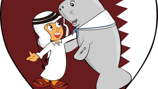 An illustration of a dugong wearing a sailor's outfit hugging a boy wearing thobe with the Qatari flag in the shape of a heart on the background