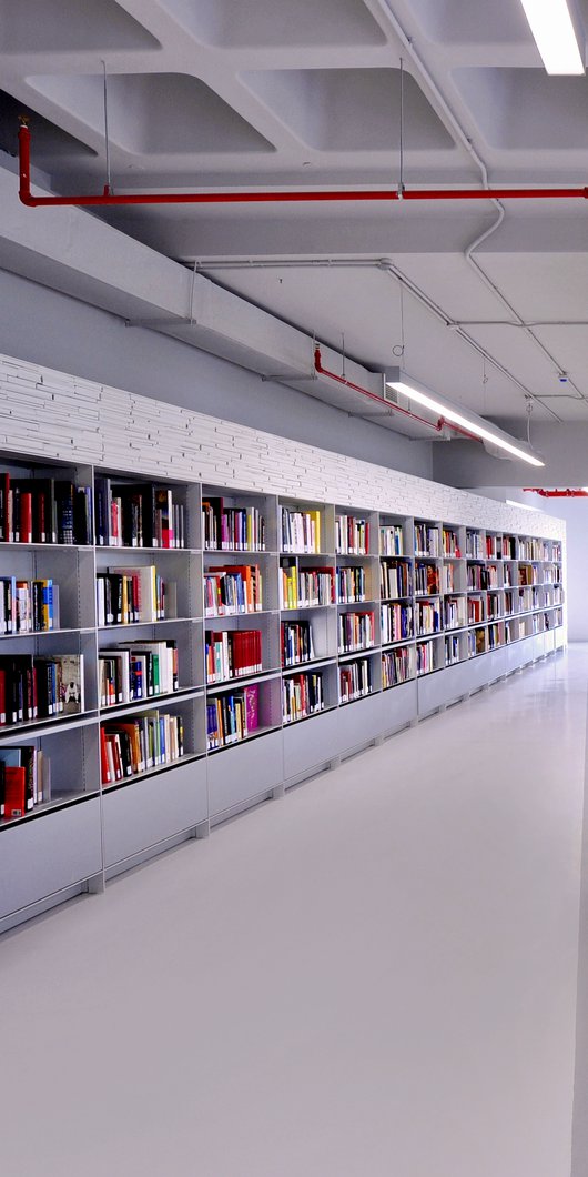 Book shelves with colourful books in Mathaf's library