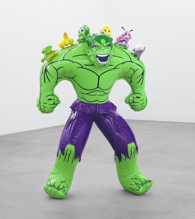 A balloon public art display of The Hulk, on top of him are small animals