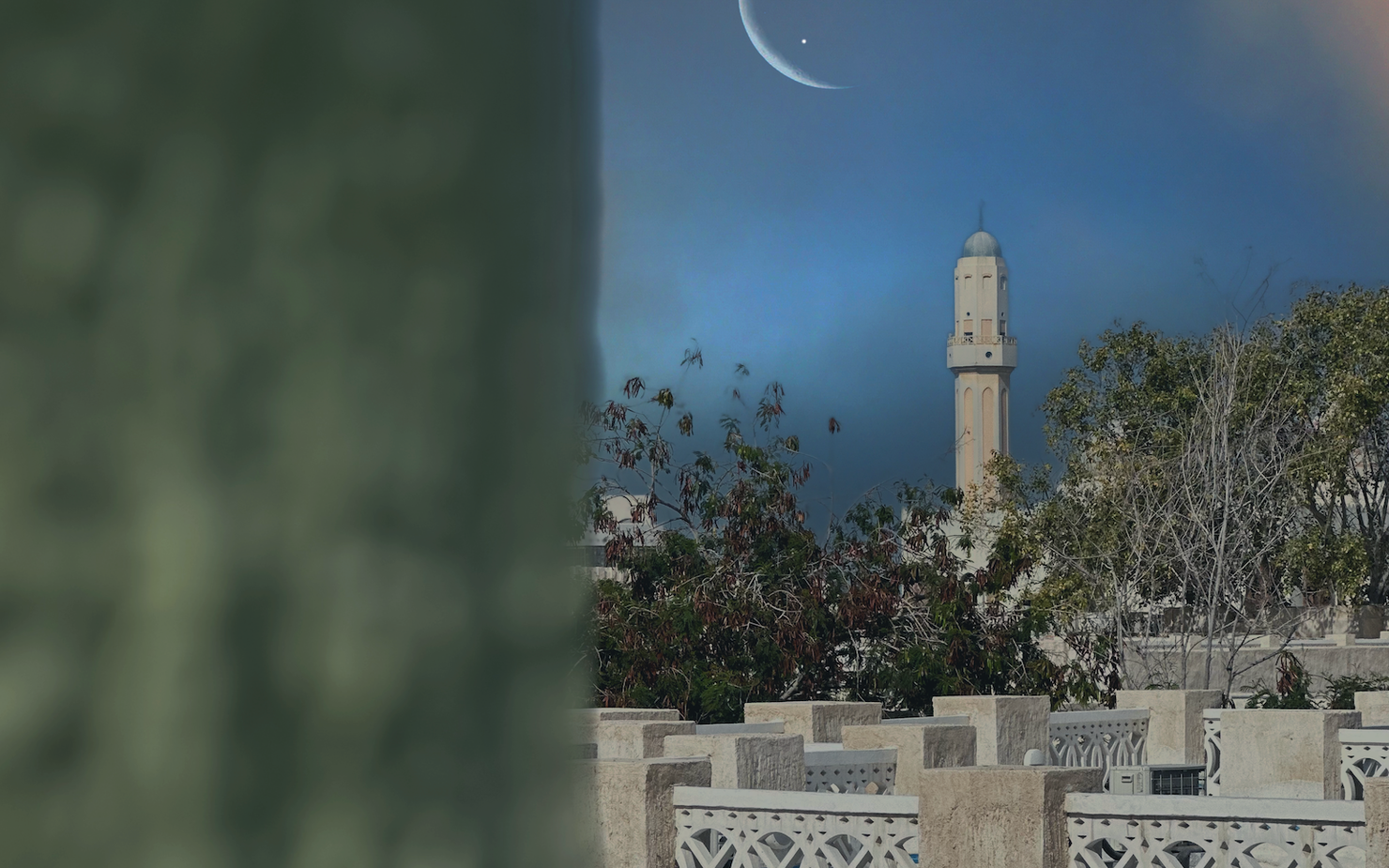 image of a mosque in the background with a night sky and moon