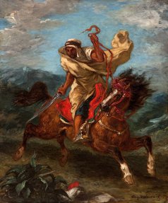 Painting of a man in a traditional Arab headdress on horseback, wielding a sword.