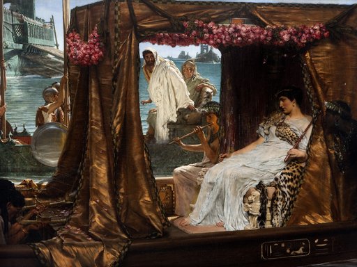 Painting of a woman on a boat, being serenaded as others try to catch a glimpse of her.