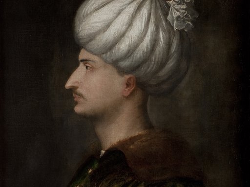 An oil painting of a mustached man in side profile, with a white turban.