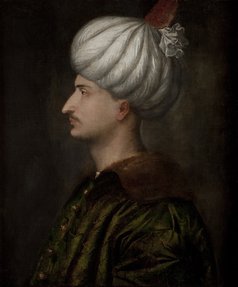 An oil painting of a mustached man in side profile, with a white turban.