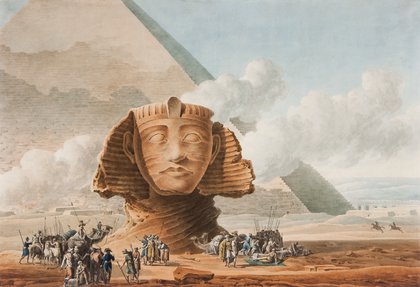 Painting of the Sphinx and the Great Pyramid of Giza behind it.