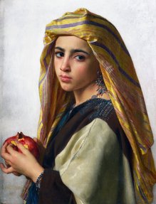 Painting of a girl in a yellow striped headdress, peeling a pomegranate.
