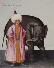 Painting of a man in a white turban and pink robes, standing alongside an elephant.