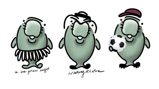An illustration of three dugongs, one is wearing a sea grass skirt, another a khatra and the last one is wearing a hat and holding a football