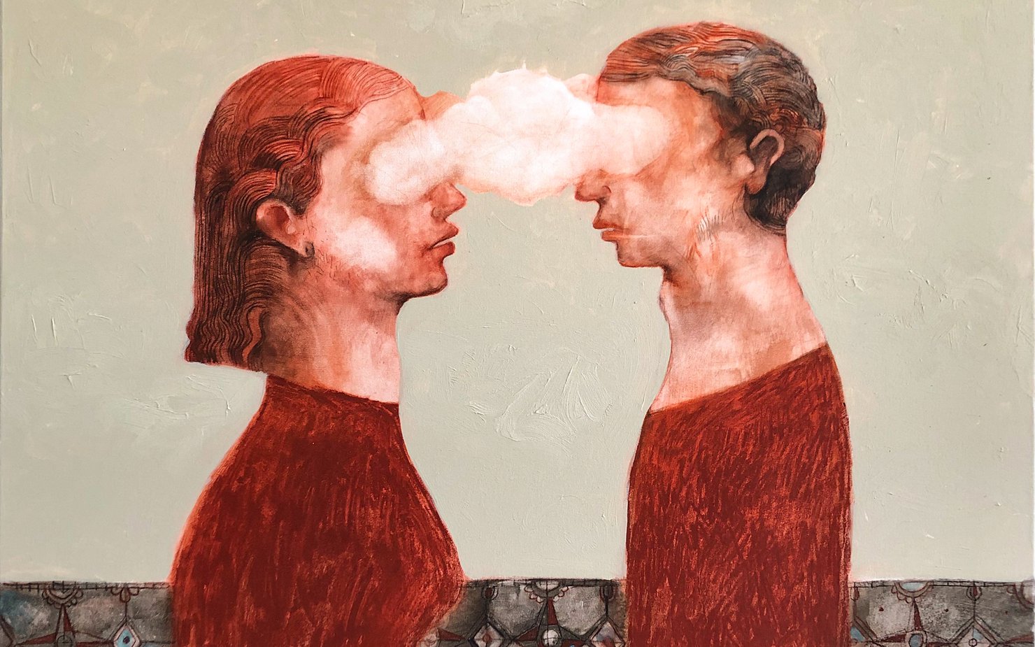 A painting of a man and a woman looking at each others, their eyes obscured by a cloud.