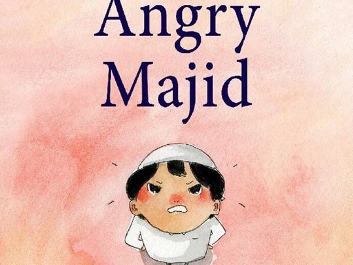 Book cover depicting a cartoon of a local Qatari boy with the title "Angry Majid"