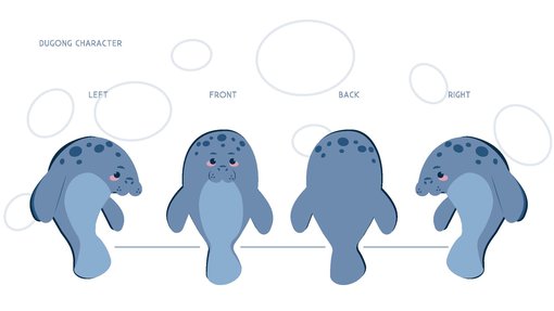 An illustration of a dugong by Maryam Al Malki showing his front, back and side profiles