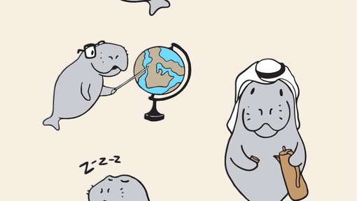 An illustration of several dugongs, one is sleeping on a rock, another is swimming, and another is pouring gahwa, the last one is studying the globe